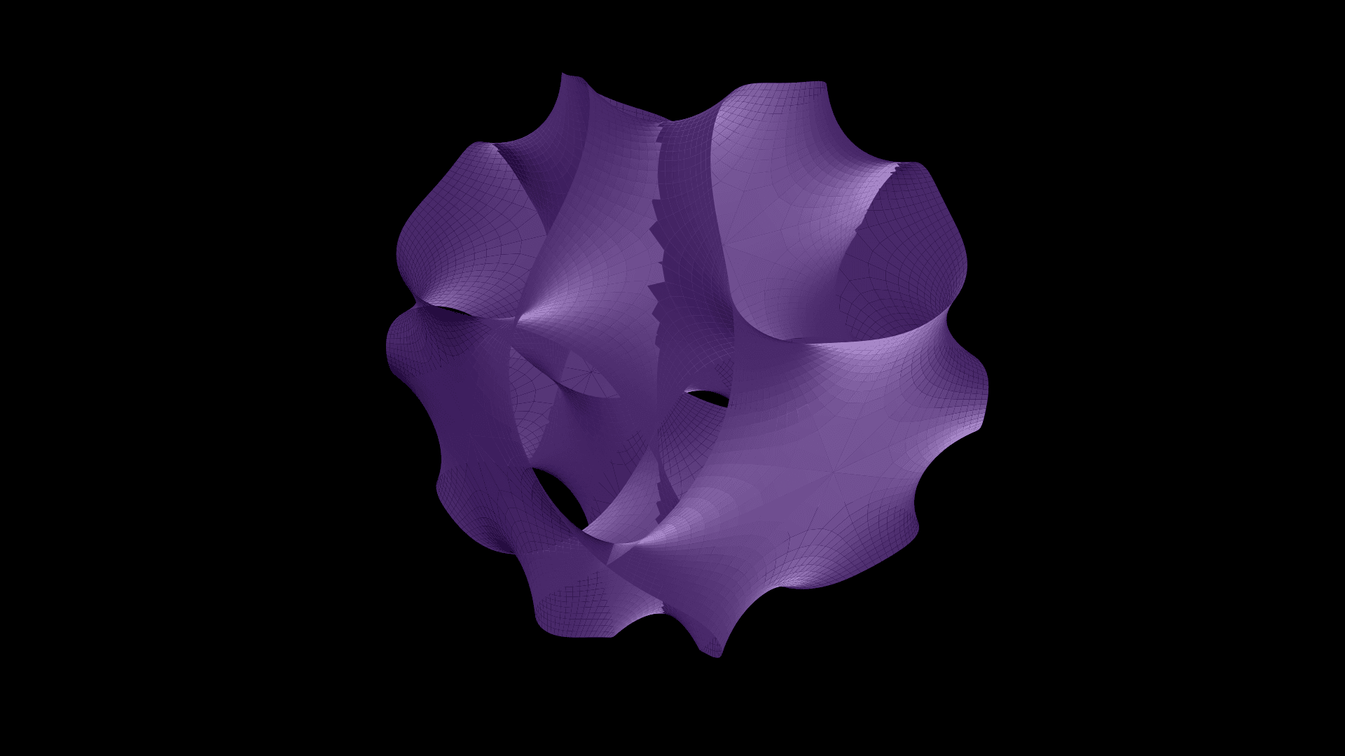 A 3D rendering of the iconic Hanson cross-section of the Fermat quintic Calabi-Yau threefold on a black background. A dark-purple star-shaped surface with ten sharp cusps radiating outward, viewed from a slight elevation above the equatorial plane. Visible gaps between adjacent petals reveal the surface's open topology — the petals don't connect at the cusp tips. Each of the 25 patches in the Hanson parameterisation is a separate lobe joined to its neighbours along the unit-circle gluing loci. The whole figure suggests the curled-up six-dimensional manifold of heterotic string compactifications.