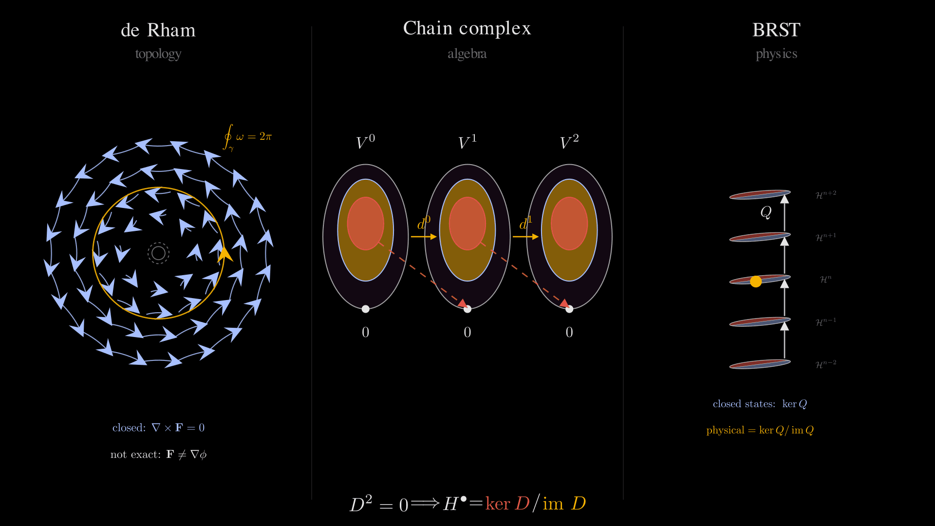 Three panels compare a circulating field around a puncture, nested subspaces in a chain complex, and a BRST state ladder.
