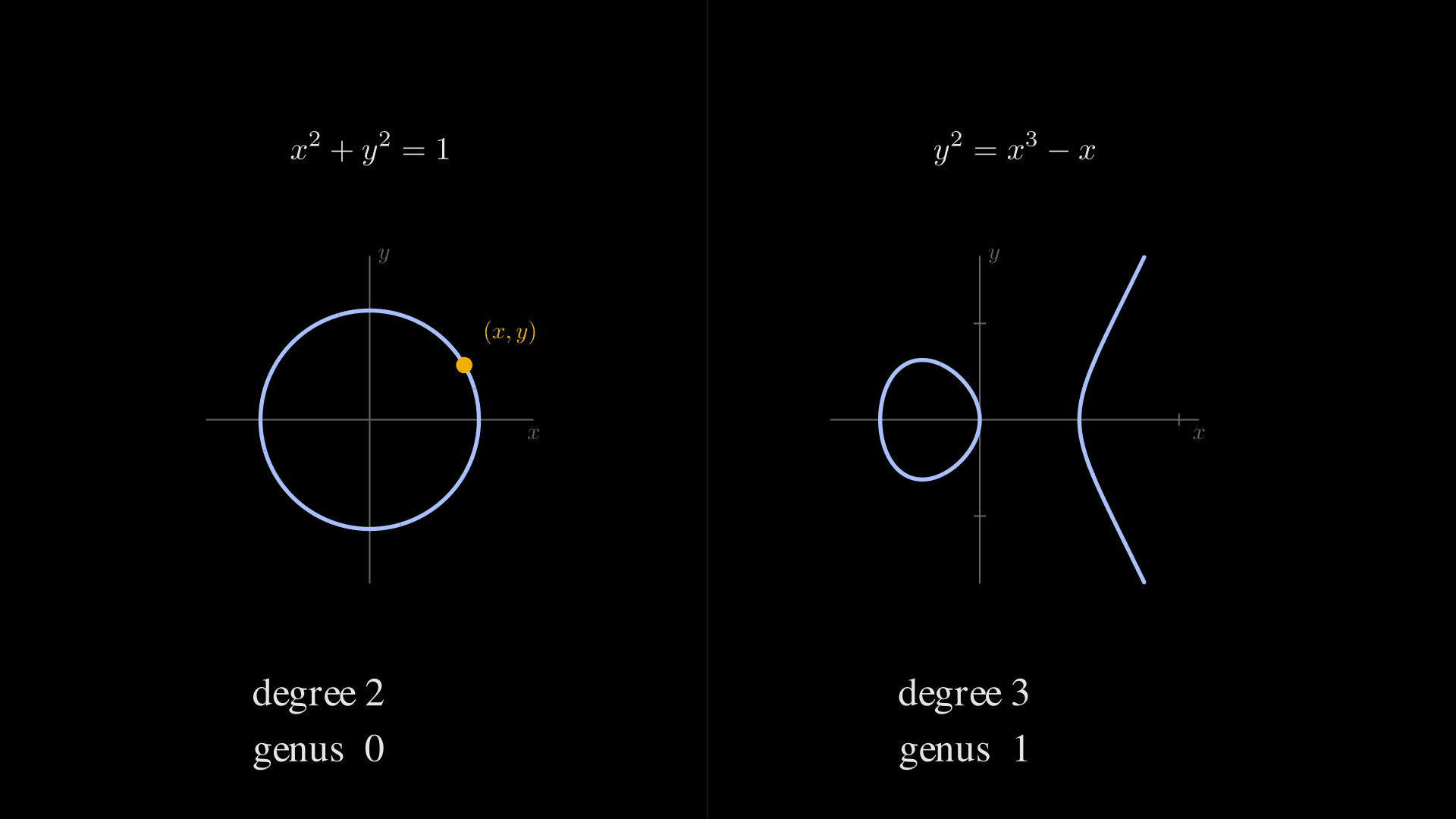 Two coordinate plots compare a real circle with the two-component real locus of a cubic, annotated degree two and three and genus zero and one.